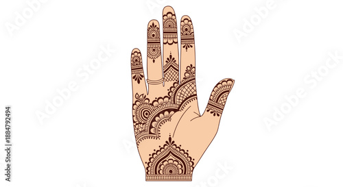 A beautifully intricate full mehndi design adorning the palm and fingers of a hand, showcasing traditional Indian art and cultural celebration.