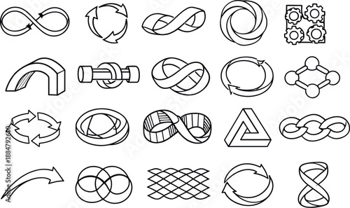 Perpetual Motion Illusions. Line vector icons of perpetual-motion illusions: infinite arrow loop, rotating cycle cue, near-endless
