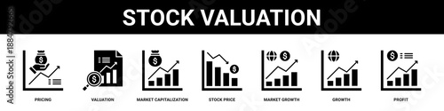 Stock Valuation web banner icon set collection solid style.