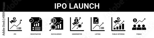 Ipo Launch web banner icon set collection solid style.