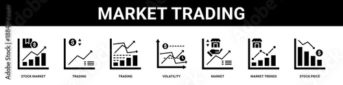 Market Trading web banner icon set collection solid style.