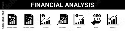 Financial Analysis web banner icon set collection solid style.