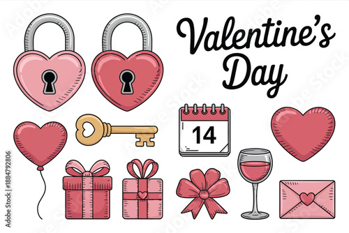 Valentine's Day doodle with hearts locks gifts and wine glass 1