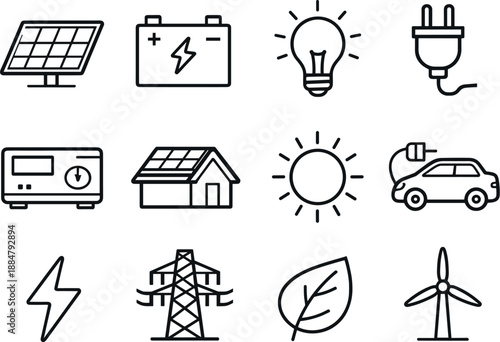 Renewable Energy Icons. Line style vector icons of Renewable panels: solar panel, battery, light bulb, plug; inverter, roof, sun,