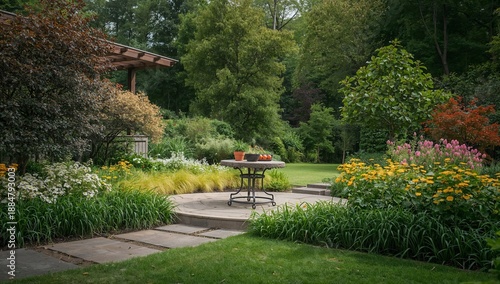 Garden Gazebo Surrounded by Colorful Flowers and Greenery in a Park