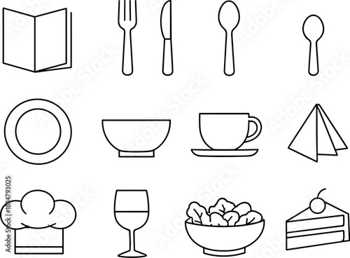 Dining Menu Icons. Line style icons of Dining menu: menu, fork, knife, spoon; plate, bowl, cup, napkin; chef hat, wine glass,