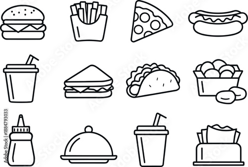 Image Generation. Line style icons of Fast food delivery: burger, fries, pizza, hot dog; soda, sandwich, taco, nuggets; ketchup,