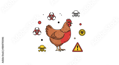A single chicken surrounded by various biohazard, skull and crossbones, and warning symbols, indicating potential risks related to avian diseases or contaminated poultry.