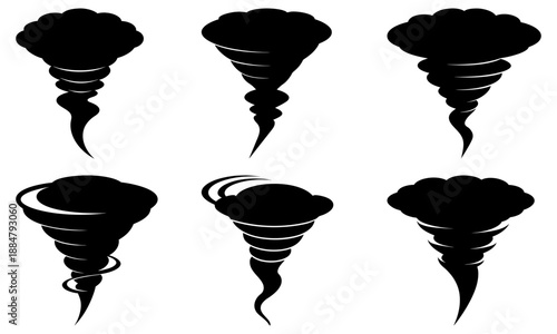 Six Black Tornado Silhouettes on White Background weather