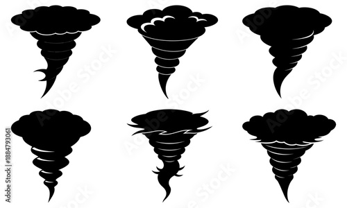 Six Black Tornado Silhouettes on White Background