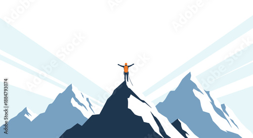 A triumphant hiker standing on a majestic snow-capped mountain peak with arms raised in victory, celebrating achievement and the beauty of nature.