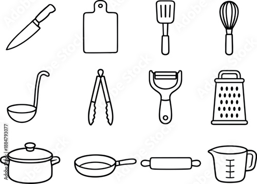 Image Generation. Line style vector icons of Kitchen utensils: knife, cutting board, spatula, whisk; ladle, tongs, peeler, grater;