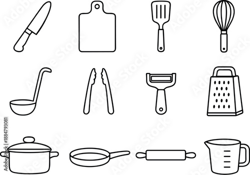 Image Generation. Line style vector icons of Kitchen utensils: knife, cutting board, spatula, whisk; ladle, tongs, peeler, grater;