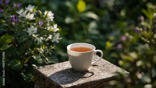 Warm Cup of Tea on a Stone Table Surrounded by Green Plants and Colorful Flow...
