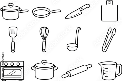 Family Cooking Icons. Line style icons of Family cooking: saucepan, frying pan, knife, cutting board; spatula, whisk, ladle, tongs