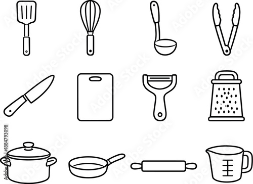 Image Generation. Line style of Cooking tools vector icons: spatula, whisk, ladle, tongs; knife, cutting board, peeler, grater;