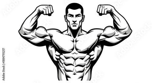 Muscular man flexing his biceps and abdominal muscles