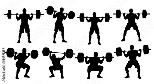 Silhouette of people doing squats with barbells