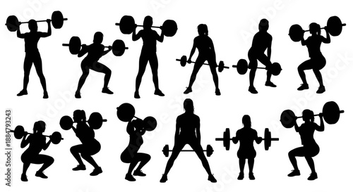 Silhouette illustrations of people engaged in various weightlifting exercises