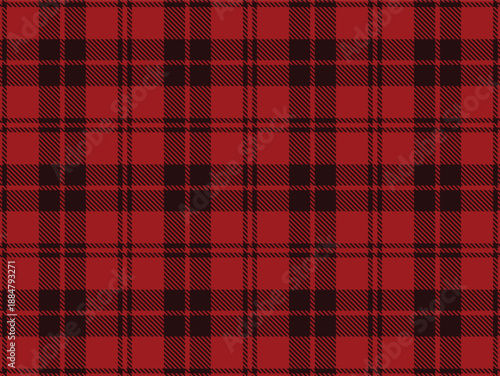 Red black tartan plaid seamless pattern. Classic Scottish plaid check fabric texture background for clothing design