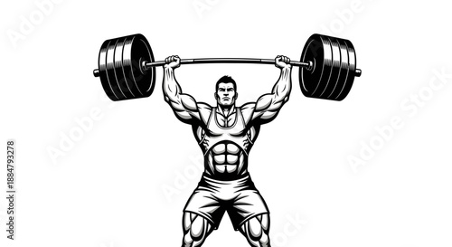 Muscular man lifting heavy weights in a powerful stance