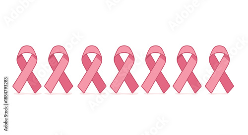 A solemn row of identical pink ribbons, universally recognized as a symbol of breast cancer awareness and support for those affected.