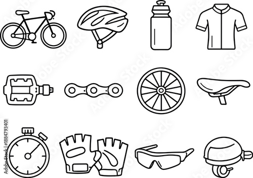Image Generation. Line style icons of Bike race: bicycle, helmet, water bottle, jersey; pedal, chain, wheel, saddle; stopwatch,