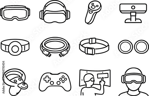 Image Generation. Line style icons of Virtual reality: VR goggles, headset, controller, sensor; motion tracker, cable, strap, lens