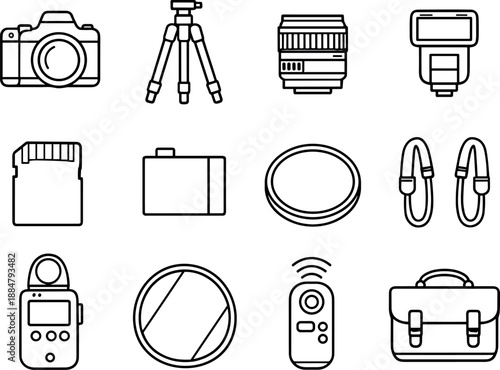 Image Generation. Line style vector icons of Photo gear: camera, tripod, lens, flash; memory card, battery, filter, strap; light