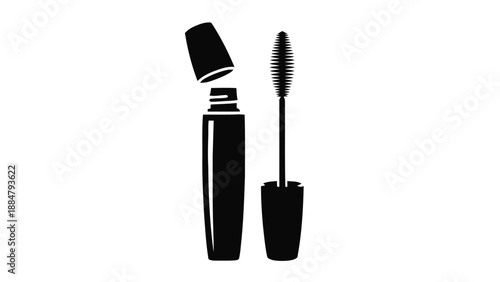 Vector illustration of classic mascara tube and brush, essential beauty cosmetic, on transparent background