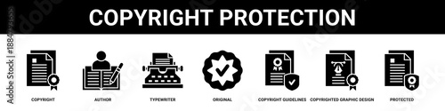 Copyright Protection web banner icon set collection solid style.