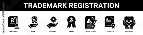 Trademark Registration web banner icon set collection solid style.