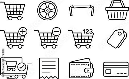Shopping Cart Icons. Line style vector icons of Shopping cart: shopping cart, wheel, handle, basket; add item, remove item,