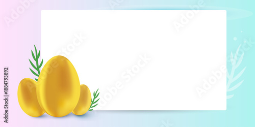 Realistic golden Easter eggs composition with white border and copy space. Elegant spring holiday background for banner or invitation. 3D gold and white festive decoration concept.