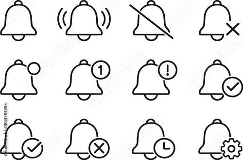 Notification Bell Icons. Line style vector icons of Notification bell: bell, bell ring, bell mute, bell off; alert dot, badge,