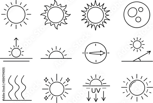 Solar Symbol Icons. Line style vector icons of Solar symbols: solar disc, sun flare, corona, sunspot; zenith, horizon line,