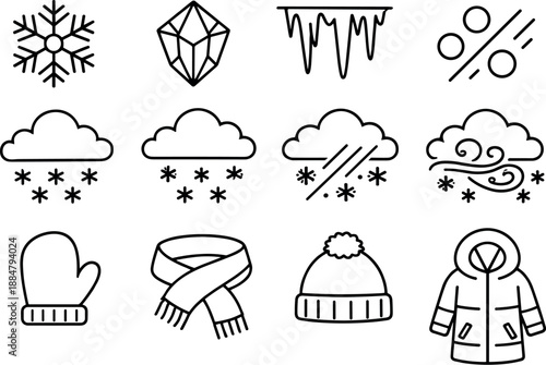 Image Generation. Line style vector icons of Snowflake winter: snowflake, ice crystal, frost, hail; snow cloud, snowfall, blizzard