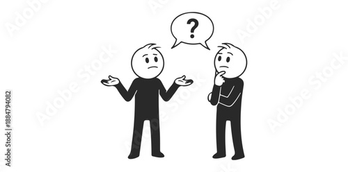 Two confused cartoon men in black discussing problem with question mark silhouette