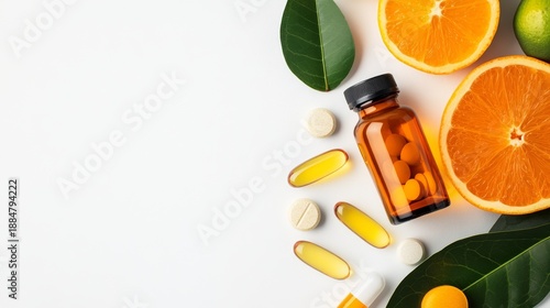 Vitamin C Supplementation Oranges, Lime, Pills, Capsules, Leaves. Health, Immunity