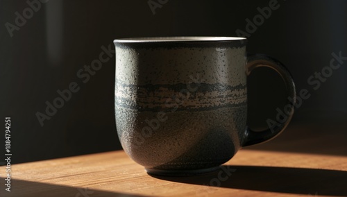 Ceramic Cup Sits on Wooden Table With Soft Light During Morning Hours