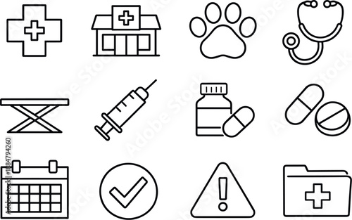 Image Generation. Line style vector icons of Veterinary clinic: vet cross, clinic building, paw print, stethoscope; exam table,