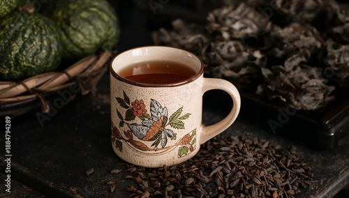 Ceramic Cup Sits on Wooden Table With Soft Light During Morning Hours