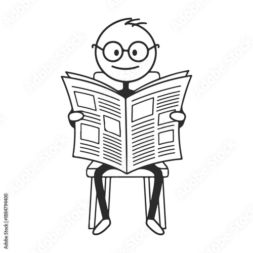 A smiling cartoon man with glasses sitting on a chair reading a newspaper silhouette