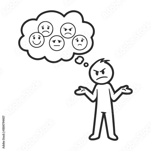 A cartoon man with confused and frustrated expressions thinking various emotions in his mind silhouette