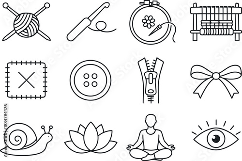 Image Generation. Line style icons of Handmade crafts: knitting needles, crochet hook, embroidery hoop, loom; patch, button,