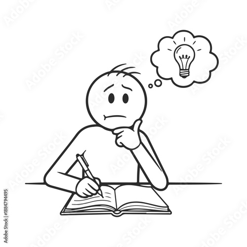 A cartoon man sitting at a desk with a book and pen, thinking deeply with a lightbulb silhouette