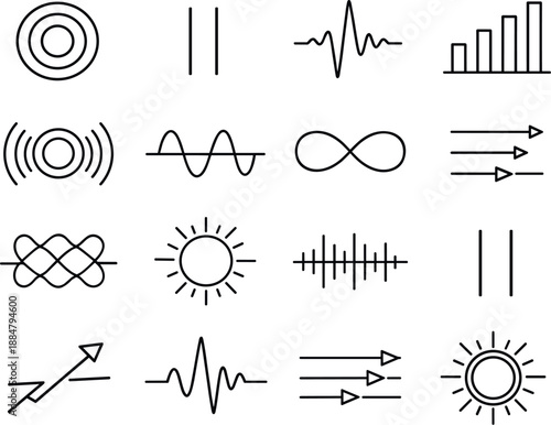Image Generation. Line style vector icons of regulatory signs: propagation ring, interval bar, pulse contour, frequency band,