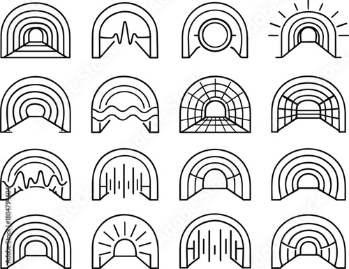 Image Generation. Line style vector icons of mining/utility tunnels: modulation contour, pulse arc, loop ring, propagation contour