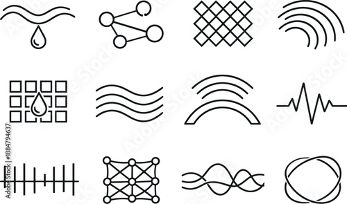 Image Generation. Line style vector icons of humidity and air: modulation contour, rhythm node, pattern tile, propagation band,
