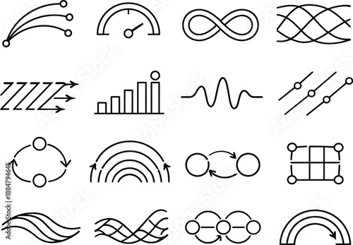 Image Generation. Line style vector icons of personalization: variation arc, timing arc, loop band, transition mesh, propagation